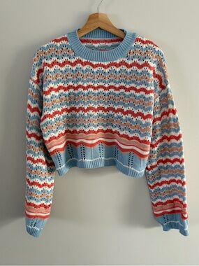 Light Blue Multicolor Crochet Stripe Sweater